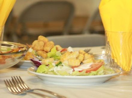 Tables set with food